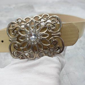 Belt Womens Faux Leather Medium Embellished Arabesque Chunky Buckle‎ Champagne